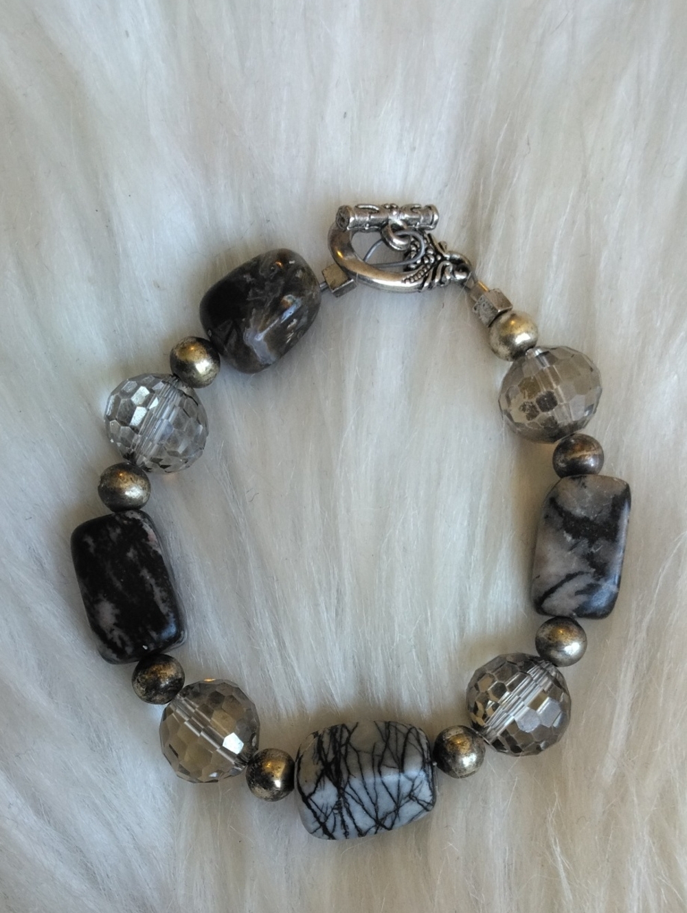 spiderweb Jasper, Rhodonite, And Stick Agate Glass Beaded Toggle Bracelet